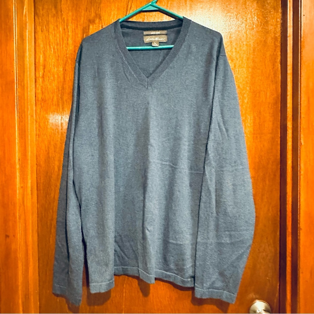 Eddie Bauer Men's XL Blue Pullover Sweater V Neck Solid Cotton Merino Wool